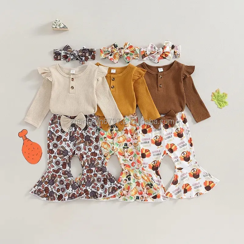 Maatwerk Meisjes Thanksgiving Pak Nieuwe Kleding Voor Kinderen Vliegende Mouwen Jumpsuit Turkije Print Flare Broek Baby Outfit Set