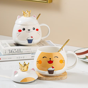 귀여운 만화 고양이 세라믹 머그잔 아침 우유컵 물컵 선물용 크라운 뚜껑 포함 - Product Image 6