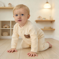 Combinaisons pour bébé Kaka Bear en coton pur à manches longues, fermeture à boutons pression, motif de dessin animé, utilisation toute saison, fournisseur de médailles d'or, vente en gros