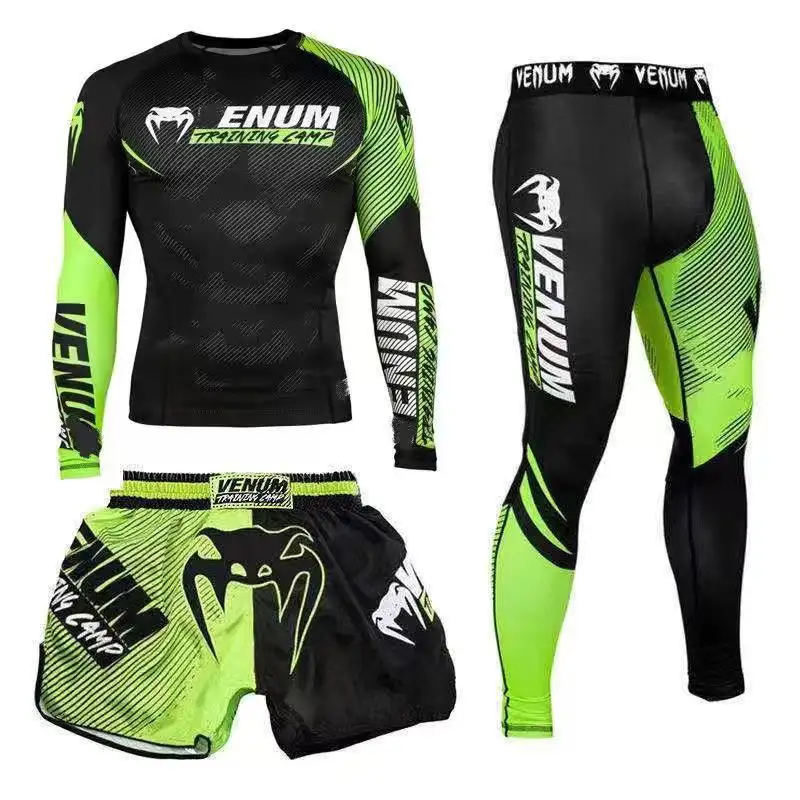 Sportswear MMA Rashguard T-shirt+Shorts 3pcs/set Muay Thai Suit Bjj Kickboxing Men Gym Competition Sport Training Combat Wear