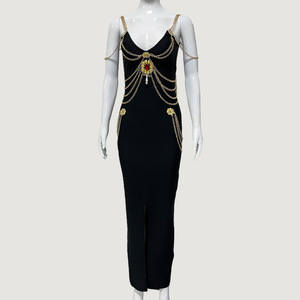 Abito Lungo Estivo di Lusso <span class=keywords><strong>da</strong></span> Donna, Sexy Nero con Spalline Sottili, Elegante per Cerimonie, Serate Formali, Feste, con Diamanti Naturali, Vestito a Tubino - Product Image 4