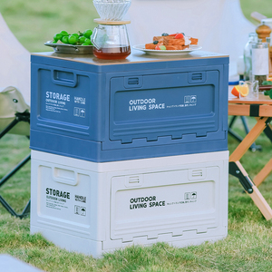 Mesa de camping Cajas de almacenamiento de plástico multifuncionales para exteriores Contenedores plegables para acampar con tapa de madera - Product Image 2