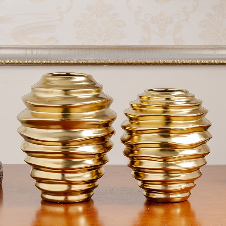 Modern living room creative flower arrangement craft decoration spiral gold and silver ceramic vase
