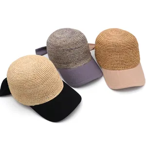 JAKIJAYI Wholesale New Trendy Summer Natural Grass Handmade Crochet Raffia Baseball Cap with Bow Kot on Back Part for Lady