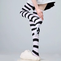 Chaussettes personnalisées montantes en velours rayées noires, roses, bleues, blanches, motif patte de chat, au-dessus du genou pour femmes, avec design personnalisé, en gros