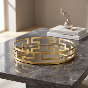 Modern Round Glass Art Deco <b>Mirror</b> Tray with Geometric Design for Decorative <b>Tabletop</b> Use - Product Image 1