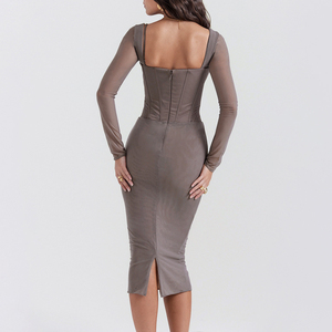 Vestido midi sexy de noche con cuello cuadrado y manga larga de malla con diseño de espina de pescado para mujer, venta al por mayor, <span class=keywords><strong>ropa</strong></span> de mujer, vestidos 2026 - Product Image 4