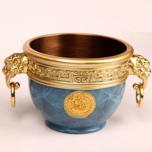 Pure brass ashtray/rice container, living room/office <b>decoration</b>, Chinese retro style, lion-ear bronze <b>jar</b>, colored bronze - Product Image 1