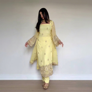 Conjunto de Salwar Kameez de Microalgodón de Secado Rápido con Bordado Amarillo de NiMa Creations, Traje Tradicional Indio Pakistaní para Mujer - Product Image 1