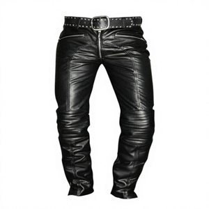 Pantalon de moto en cuir et toile pour homme, taille mi-haute, brodé, clouté, avec ceinture et fermeture boutonnée, coupe droite, pour l'hiver - Product Image 1