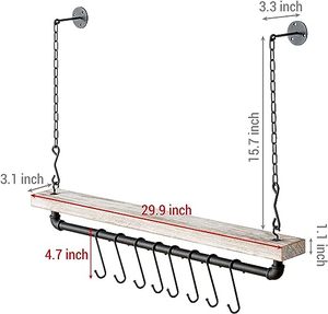 Support de pot monté au <span class=keywords><strong>plafond</strong></span> avec étagère de tuyau en métal noir industriel et pots et casseroles suspendus en bois massif lavé blanc minable - Product Image 1