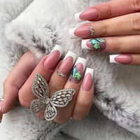 Vente en gros à bas prix, Ongles artificiels semi-faits à la main français, longs, forme ballerine, motif fleur diamant rose et violet, avec fragment scintillant rayé