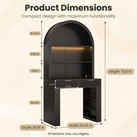 Modern zwart gebogen hoge bureau met bovenkast, 2 laden, LED-verlichting en open planken voor kleine ruimtes