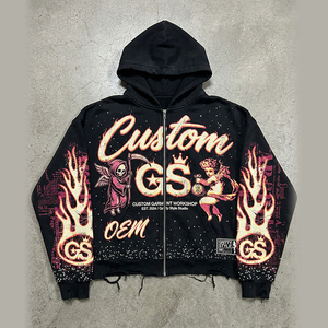 เสื้อฮู้ดดี้ผู้ชายทรงบ็อกซี่แบบซิป  ผ้าหนา 400 GSM สไตล์สตรีทแวร์  ตกแต่งด้วย Rhinestones  ลายพิมพ์ OEM แบบสั่งทำพิเศษ  ดีไซน์ขาดๆ แบบ Distressed  ขนาดใหญ่พิเศษ - Product Image 2