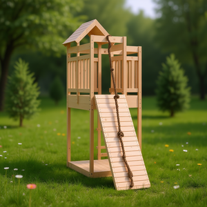Casa de juegos de madera maciza con pared de escalada para jardín, para niños de 3 a 8 años, estructura tratada térmicamente - Product Image 2