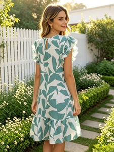 Robe Courte Décontractée SWEET BABE Tendance à Imprimé Feuilles, Manches Volantées, Coupe Ample, Col Rond, Dos Découpé, Idéale pour les Vacances d'Été et la Plage - Product Image 3