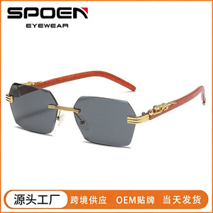 <b>Rimless</b> Gradient <b>Sunglasses</b> Wood Frame Leopard Decor Men UV400 Sun Protection - Product Image 5