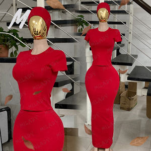 OEM personalizzato tinta unita <span class=keywords><strong>t</strong></span> Shirt gonna donna 2 pezzi Set manica corta Top e Maxi gonna lavorata a maglia da donna vestito elegante Set di vestiti - Product Image 2