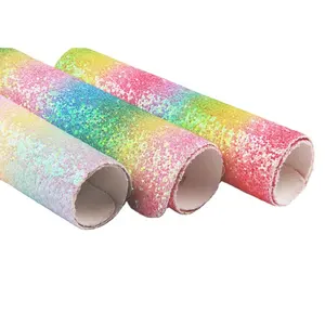 Rainbow Pattern Printed Synthetic Vinyl PU Glitter Fabric Sheets Chunky Faux Glitter Leather For Shoes Bags Bow Crafts