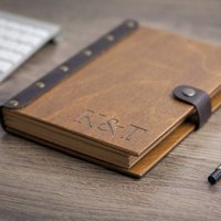 Carnet personnalisé avec logo, couverture en bois gravée, carnet de notes vierge, livre de messages