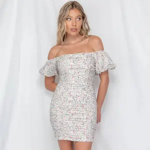 Robe froncée à motif Floral pour femme, tenue de fête élégante, manches courtes, Sexy, épaules nues, fête, nouvelle collection 2021