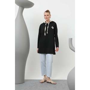 Puane Women's Black Herringbone Hooded Tunic with Elegant Embroidery Details for Casual and Stylish Outfits, Sizes SM-LXL - Product Image 1