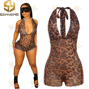 Mono enterizo sin mangas para mujer, con cuello halter, escote en V profundo, espalda descubierta, transparente, ajustado, con estampado de leopardo, estilo bodycon, para fitness - Product Image 2