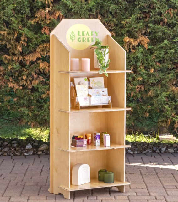 Apache Customized Portable Wooden Floor Standing Display with Configurable Shelves, Hooks, Pegs — view 4