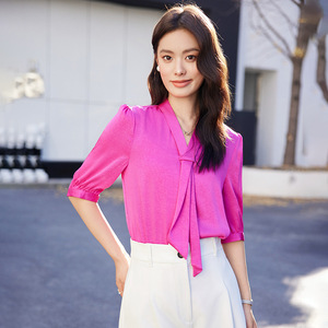 Women's <b>White</b> Chiffon Shirt V-Neck Three Quarter Sleeve <b>Wrap</b> Tie Commuter Top Spring Summer 2024 - Product Image 4