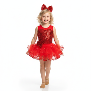 Disfraz de Danza Jazz Rojo para Niñas, Vestido Tutú con Lentejuelas en Forma de Corazón, Falda de Tul con Capas Brillantes para Navidad y Actuaciones Escénicas - Product Image 1