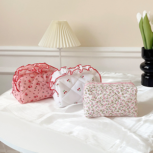 Bonitas bolsas de maquillaje de flores, bolsa de cosméticos de viaje, bolsa de maquillaje de algodón colorido, almacenamiento personalizado, bolsas florales de rizo rosa para mujer - Product Image 5