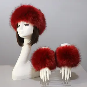 Plush faux raccoon fox head wrap band wholesale fashion Fur headband and cuffs set winter hat and gloves