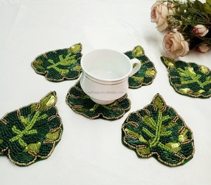 Handmade <b>Beaded</b> <b>Placemats</b> Home Decor Luxury Hand Embroidery Green Leaf Mug Rug Coasters for Home Decoration Wholesale - Product Image 4