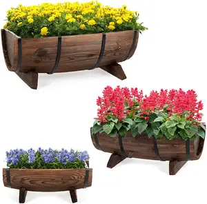 Juego de 3 macetas de jardín elevadas de medio barril de madera, juego de cama, camas de flores decorativas rústicas para plantas, hierbas, verduras