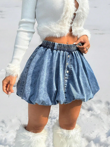 Femmes bleu Denim bouffée <span class=keywords><strong>jupe</strong></span> <span class=keywords><strong>courte</strong></span> boutons extensible taille élastique évasé Mini Design solide motif filles décontracté été mode - Product Image 5
