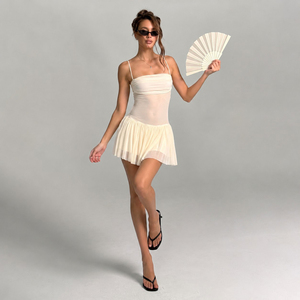 Vestido corto de malla transparente para mujer, vestido sexy fruncido para vacaciones en la playa, minivestido de color liso de secado rápido - Product Image 5