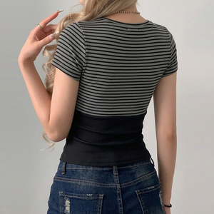 Conjunto de Dos Piezas para Mujer, Estilo Y2K, Verano, Camiseta Corta a Rayas con Contraste de Color, Camisola de Encaje, Corte Ajustado, Tejido Ecológico - Product Image 4