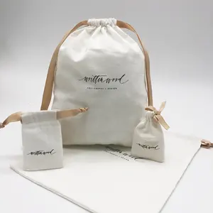 Personnalisé en gros blanc cordon coton mousseline cadeau emballage sac avec ruban pour bijoux