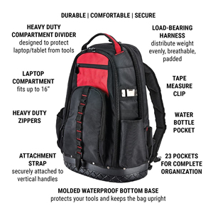 Heavy Duty Jobsite <b>Tool</b> <b>Backpack</b> with Hard Bottom, Waterproof Electrician Organizer Bag, Rugged Canvas Tech Bag for Mechanics - Product Image 2