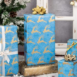 Reversible Blue Christmas Wrapping <b>Paper</b> <b>Roll</b> Gold Reindeer 17 In x 32.8 Ft Gift <b>Wrap</b> For Holiday Crafting - Product Image 2