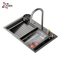 Tablier en acier inoxydable encastré à la main avec LED Évier de cuisine multifonction avec cascade intelligent fait à la main