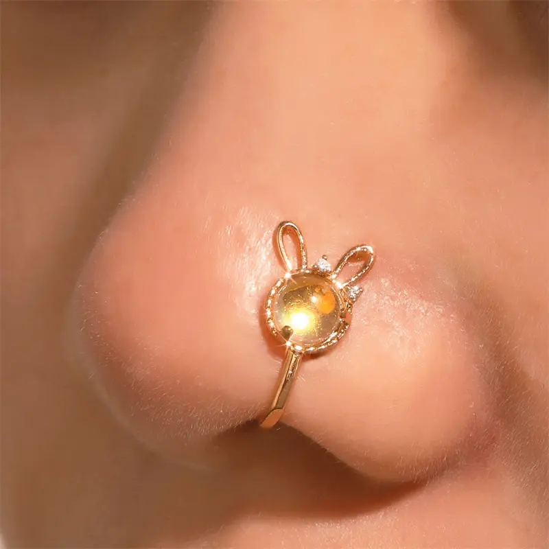 Schattige Neusring Voor Konijnendieren Meisjes Voortreffelijk Maanlicht Steen Gouden Neusring Neusring Niet-Piercing Clip