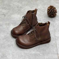 Bottines courtes vintage pour femmes automne 2025, en cuir pleine fleur, bout rond, talon bas, semelle extérieure en caoutchouc, fermeture éclair latérale