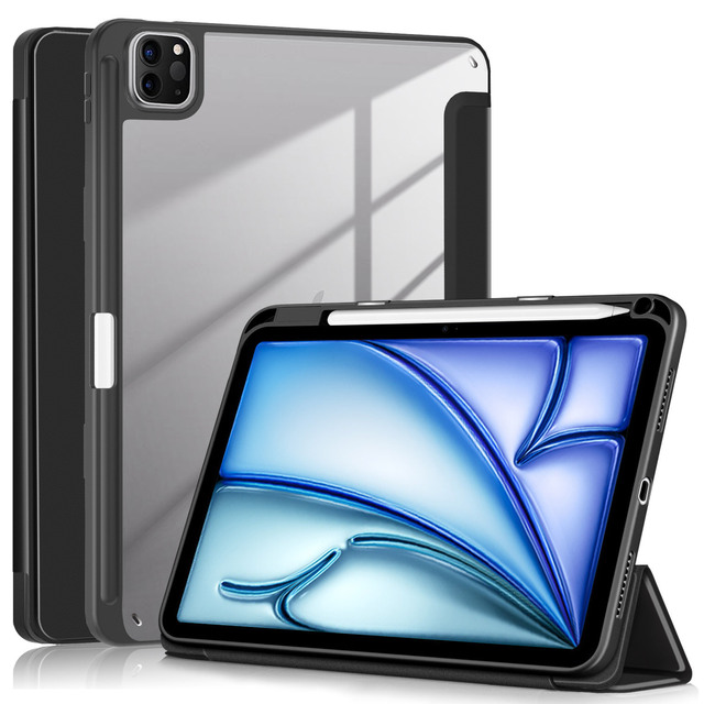PU Leather Trifold Stand Clear Transparent Back Soft TPU Bumper Smart Shockproof Tablet Cover Case for iPad air 13 Inch 2025 M3