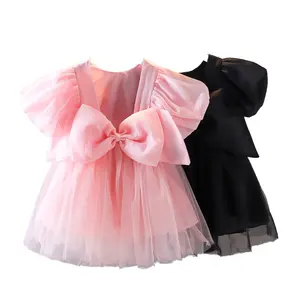 赤ちゃんの女の子のためのプリンセスチュチュパーティードレス半袖レースボウOネックコットンプリント生地のキッズファンシードレス