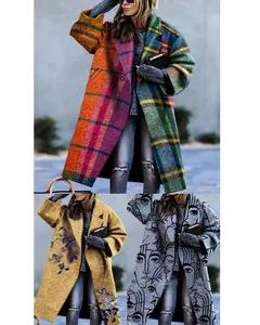 Nueva Llegada Casual Impresión Otoño Patchwork Lana Abrigo Cárdigan Suéter Mujer Chaqueta Trench Abrigos Largos