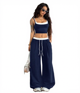 Ensemble 2 pièces pour femmes, col carré, haut court, pantalon large, coupe décontractée, 100% coton, printemps été, couleur unie, tenue tricotée - Product Image 6