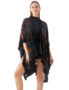 Jiyun <span class=keywords><strong>Kimono</strong></span> en velours burnout pour femmes <span class=keywords><strong>Cardigan</strong></span> extra long pour dames couvrir avec pompon fleur noire sans pompon - Product Image 4