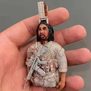 Féroce guerrier Portrait visage travail glacé main incrusté Moissanite pendentif usine initiale pendentif glacé bijoux - Product Image 4