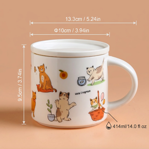 Großhandel Niedliche Katzen-Keramik-Kaffeetasse mit Deckel 414ml Kawaii Cartoon-Kätzchen-Becher Glänzend Weiße Tee-Milch-Tasse Büro Zuhause Geschenk - Product Image 4
